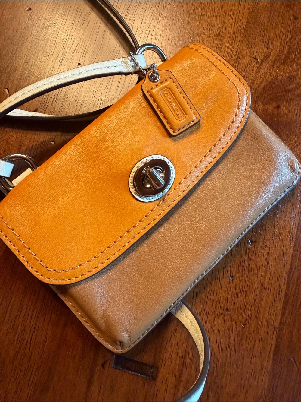 Coach Two-Tone Color Block Orange and Tan Leather Crossbody Wallet EUC